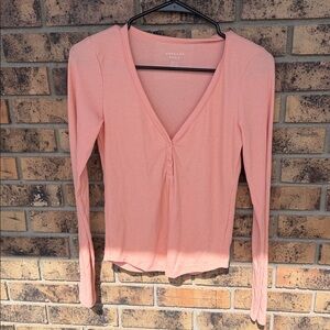 American Eagle Outfitters Women's Soft Peach V-Neck Long Sleeve Top
